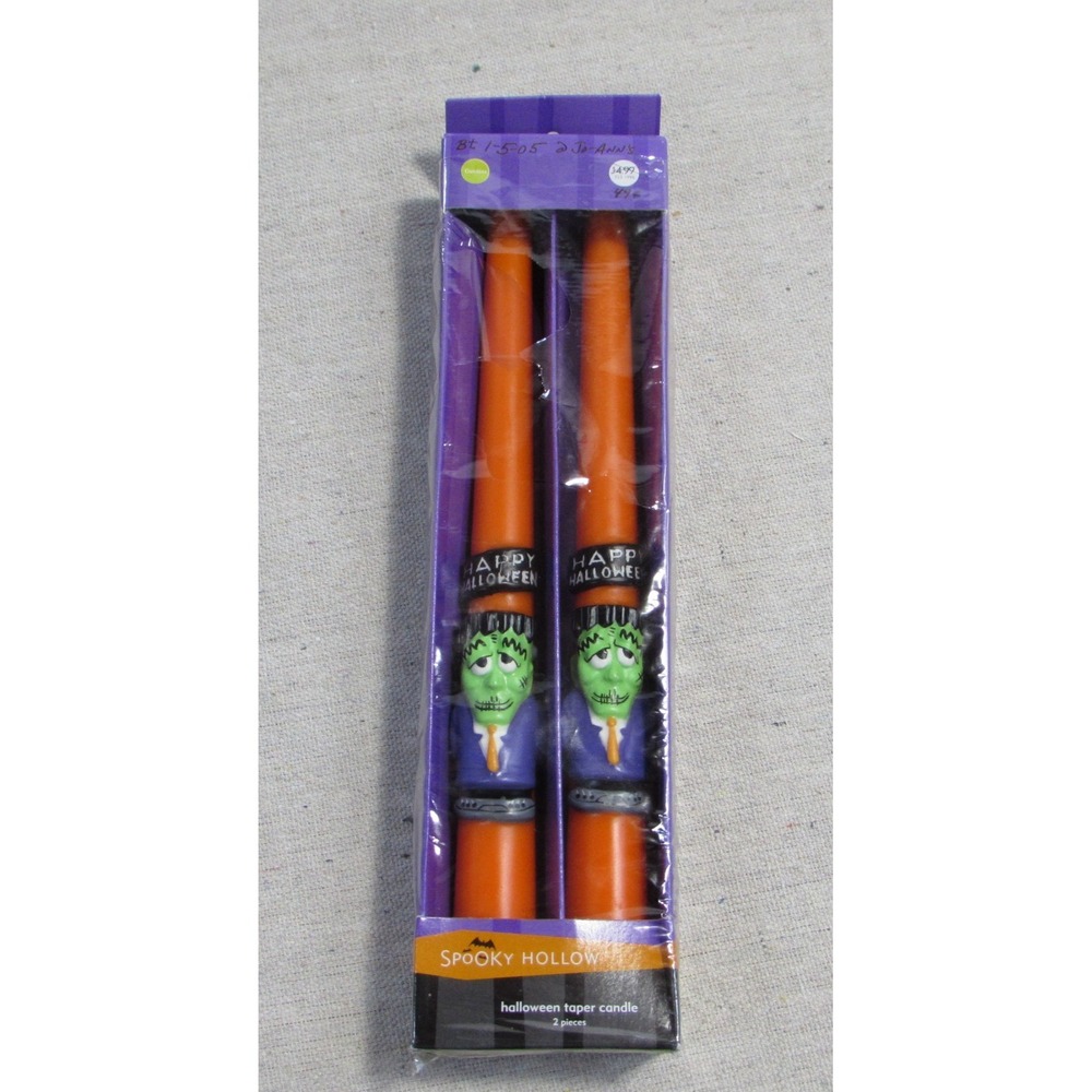 Spooky Hollow Happy Halloween Vintage 2 Frankenstein Taper Candles Orange Green